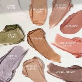 Texture swatches of all MOIRA Signature Ombre Blush cream eyeshadow shades including Pearl White, Champagne Kiss, Dazzling Brown, Melrose, Strawberry Glaze, Copper, Mocha Bronze, Metallic Taupe, Silver Lining and Olive Grove.